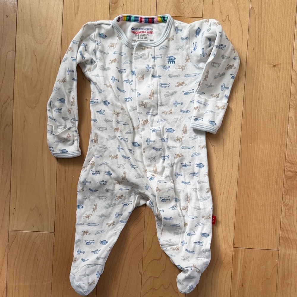 Magnetic Me Boys Onesie: White and Blue Airplane Print Footie